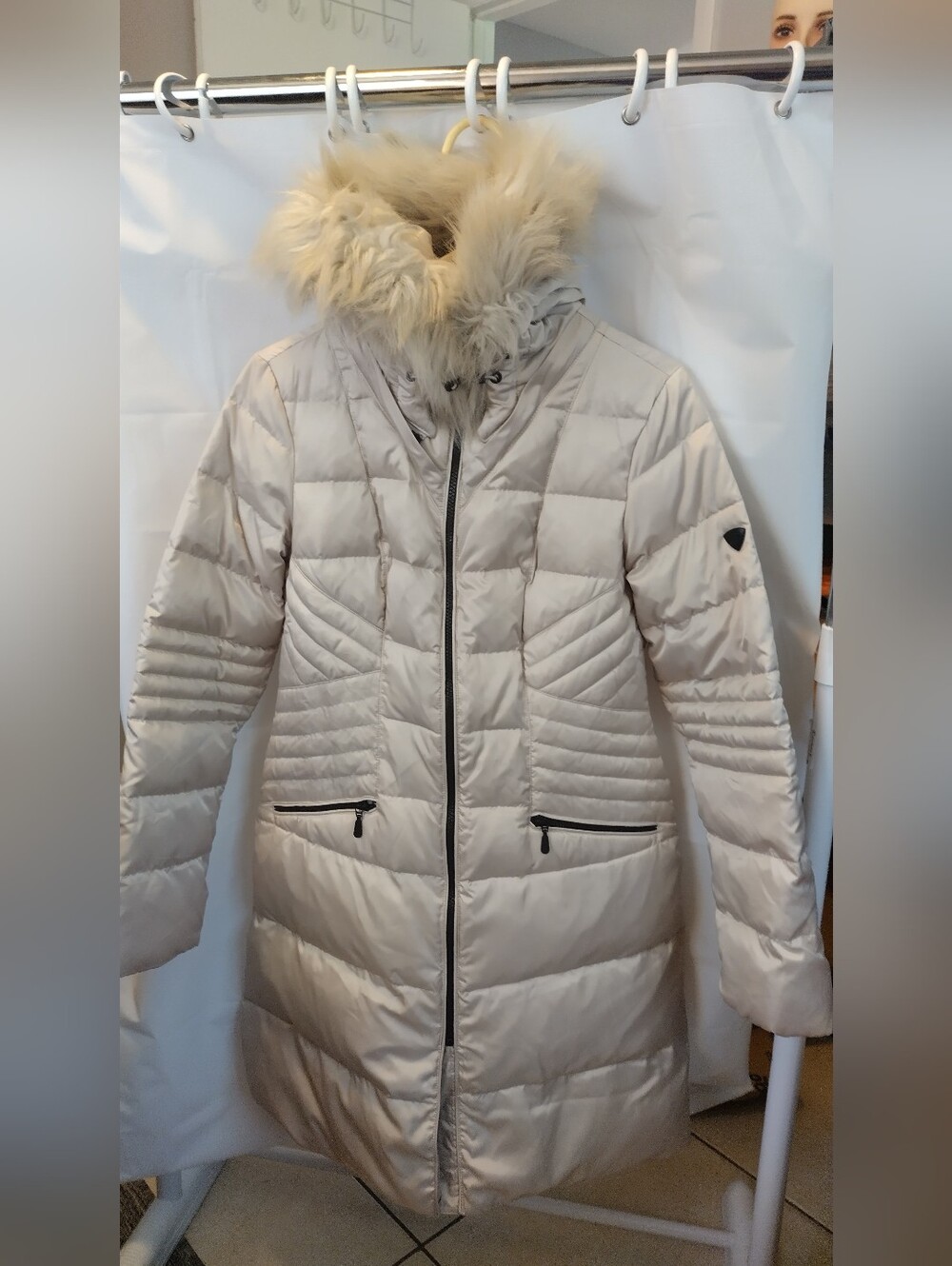 Women's Long Quilted Puffer Coat with Faux Fur Hood - Cream Size Medium